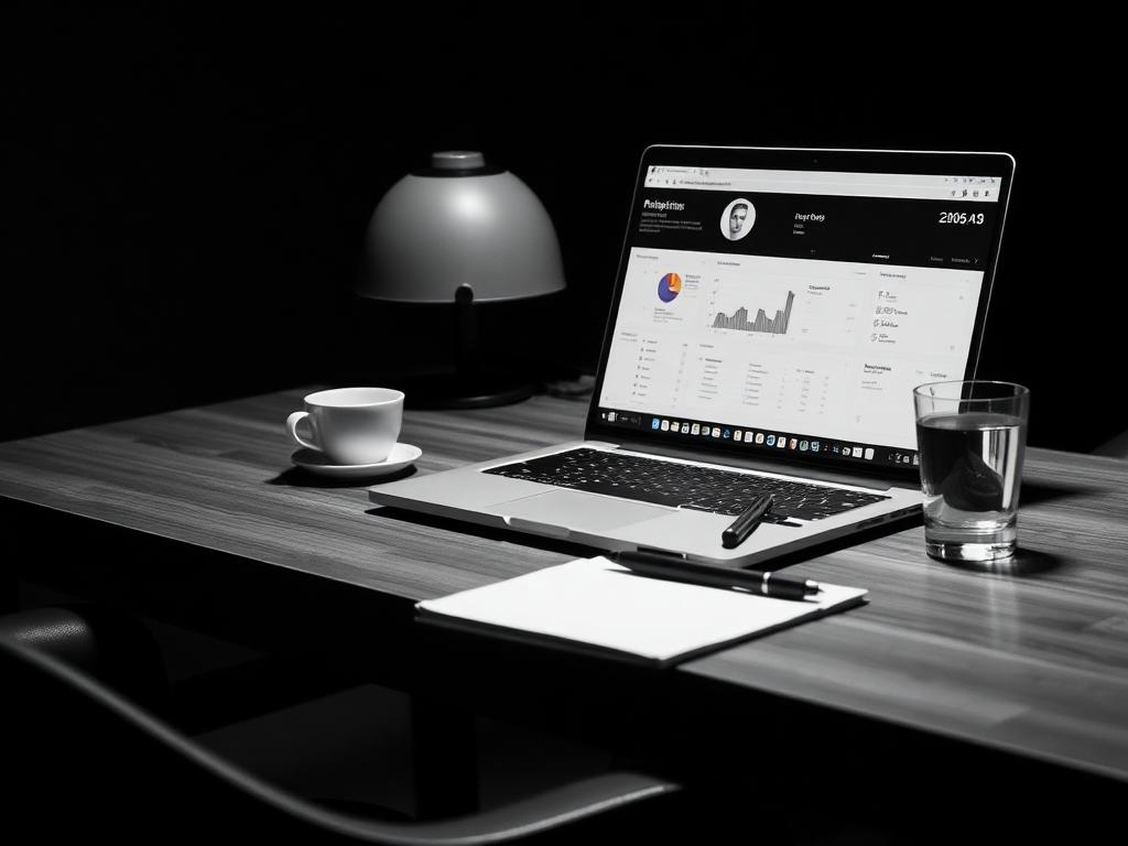 Laptop showing a dashboard on a desk with notebook and coffee