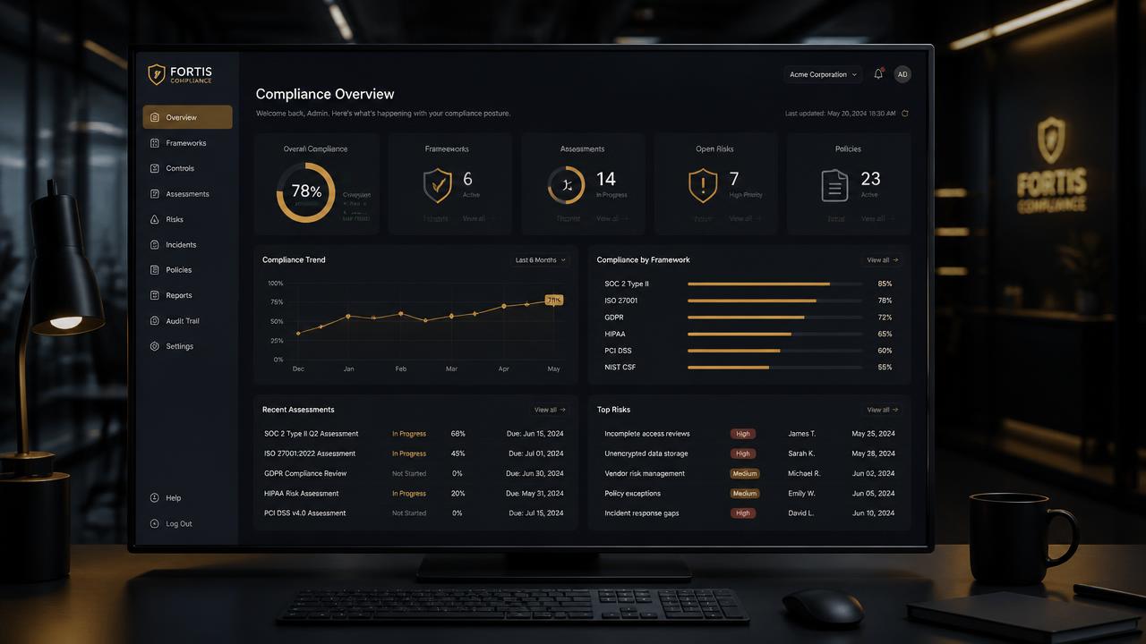 vector SME compliance dashboard showing progress rings, framework coverage and open risks